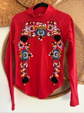 Free People Red Embroidered Floral Mock Neck Top